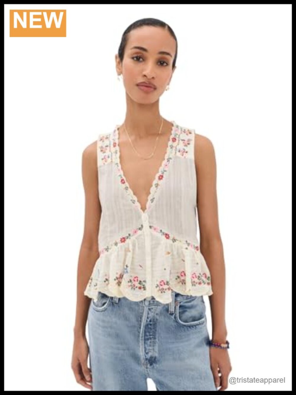 Free People Ellis Embroidered Voile Blouse Sleeveless V-Neck